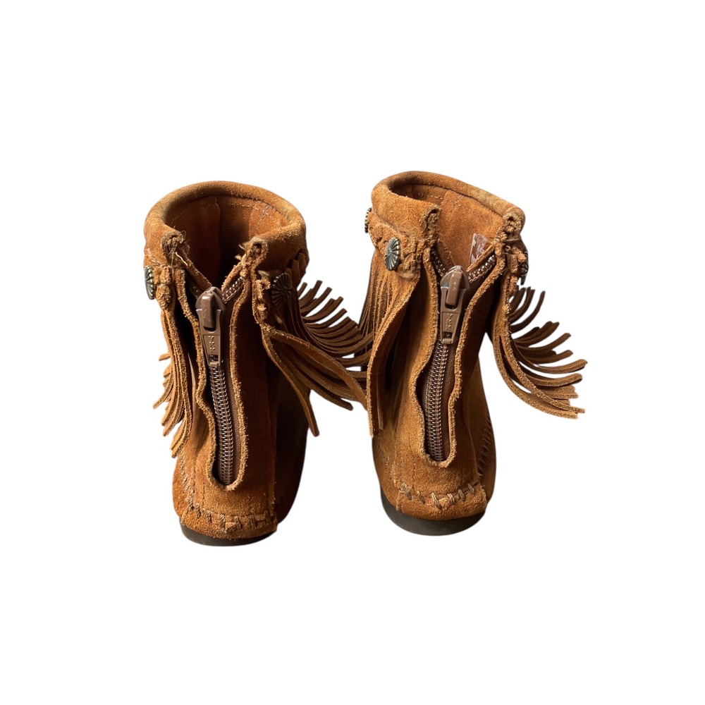 Minnetonka Brown Suede Fringe Moccasin Ankle Boots Zip Closure Women Size 7 - Picture 4 of 9